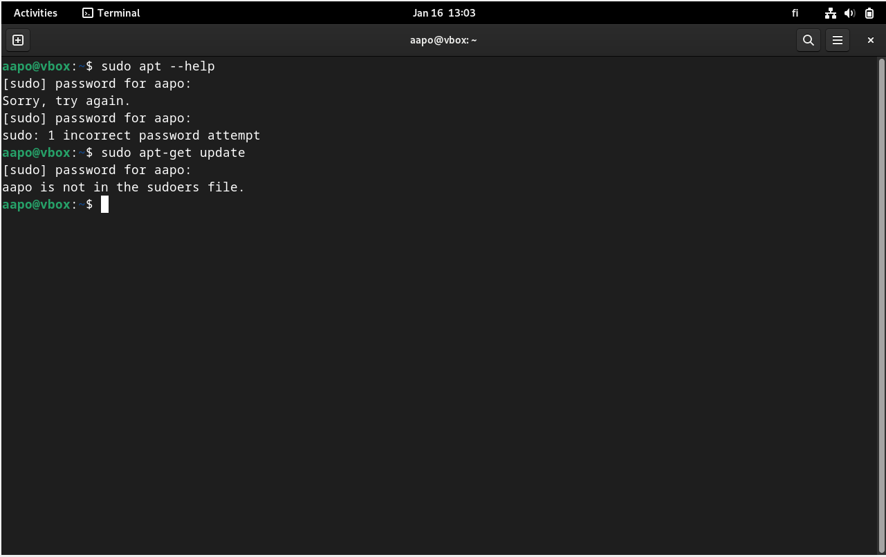 Virhe ilmoitus sudo-apt-komennosta